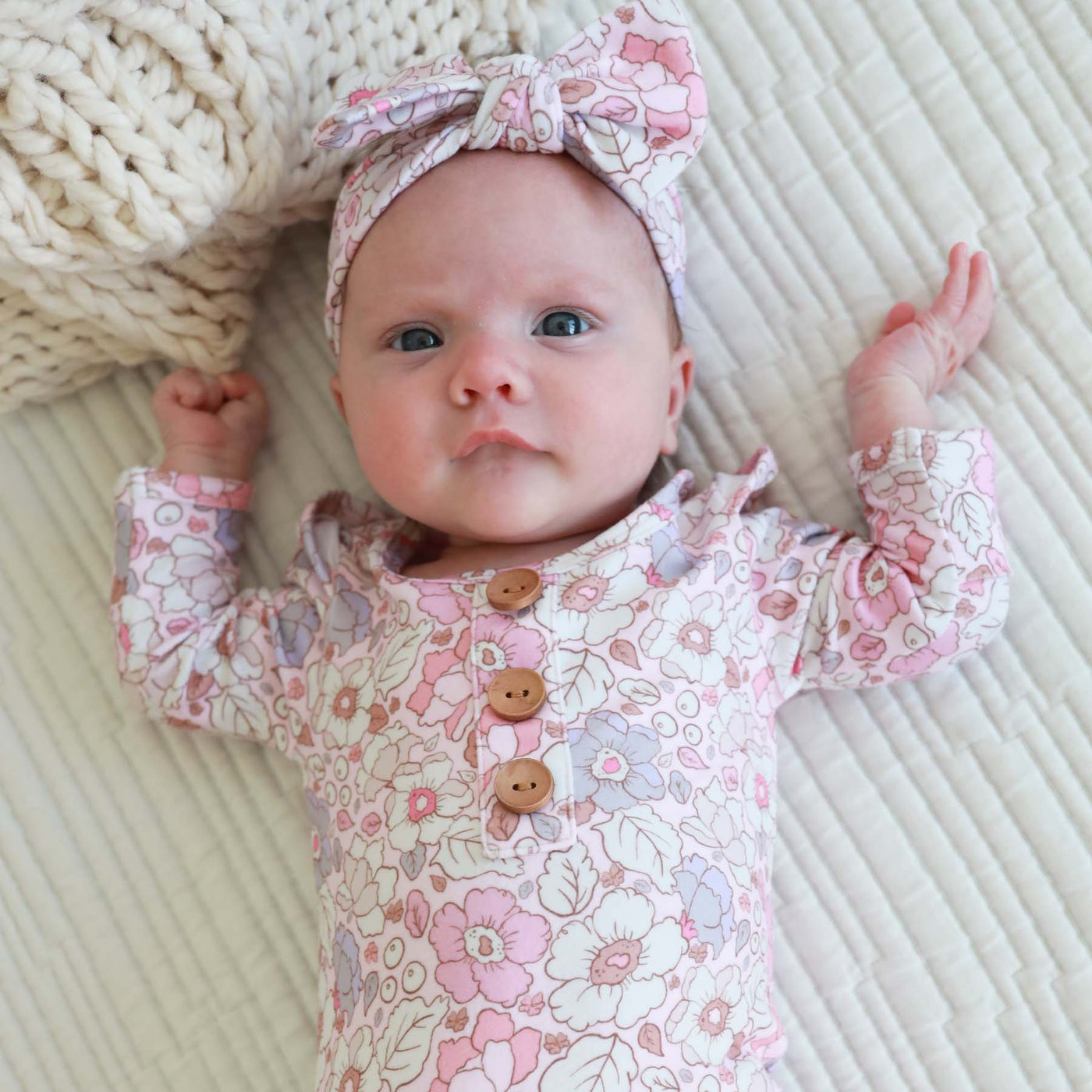 pink and purple floral knot gown for newborns 