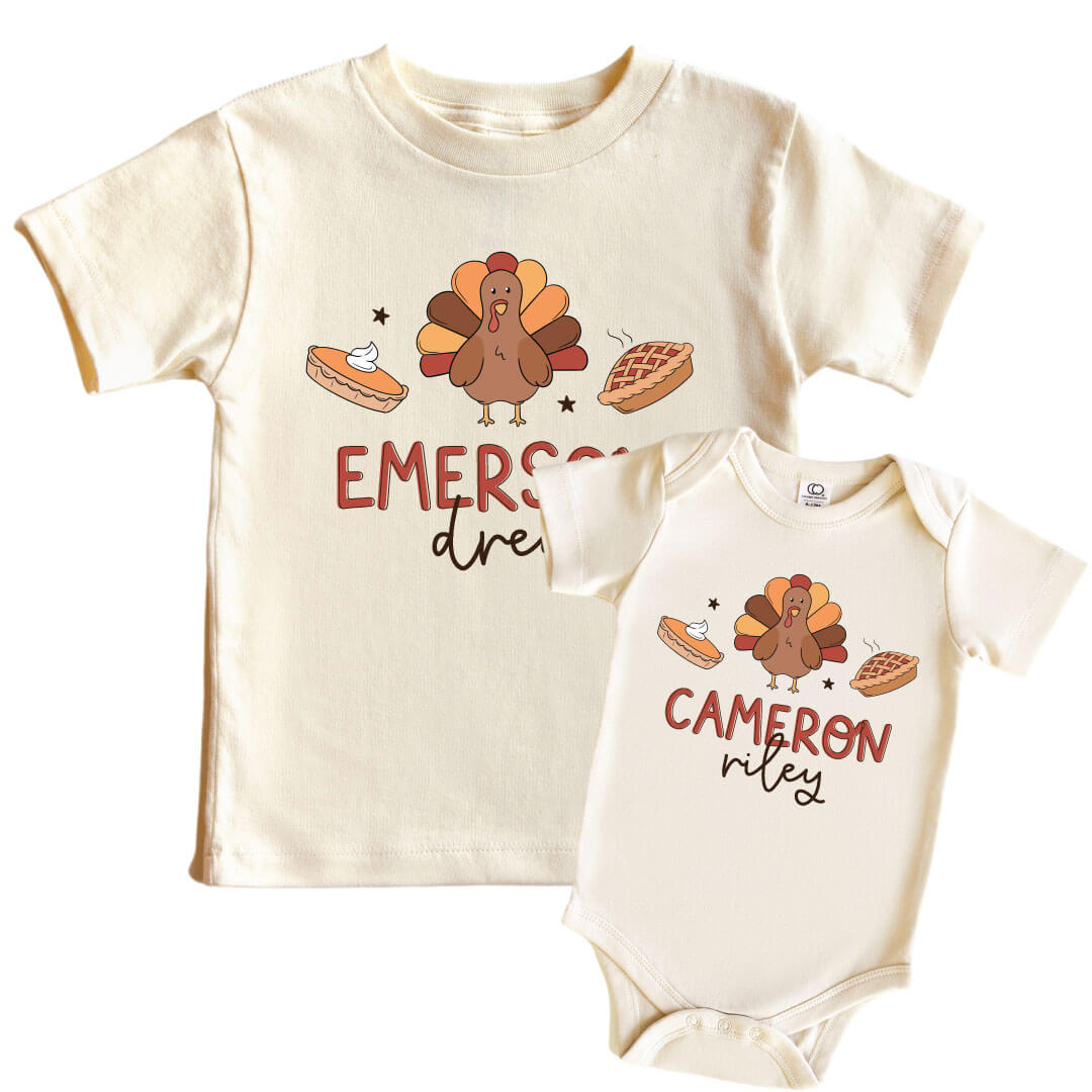 Personalized Turkey Treats Graphic Bodysuit Kids Tee on Natural