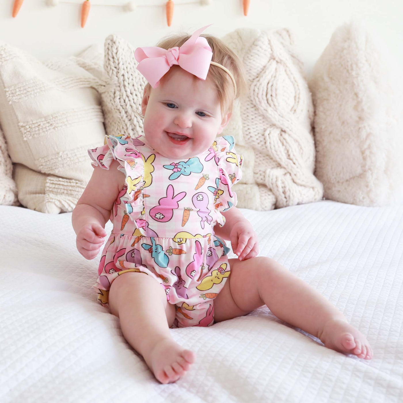 ruffle bubble romper for babies with bunnies and pink plaid 