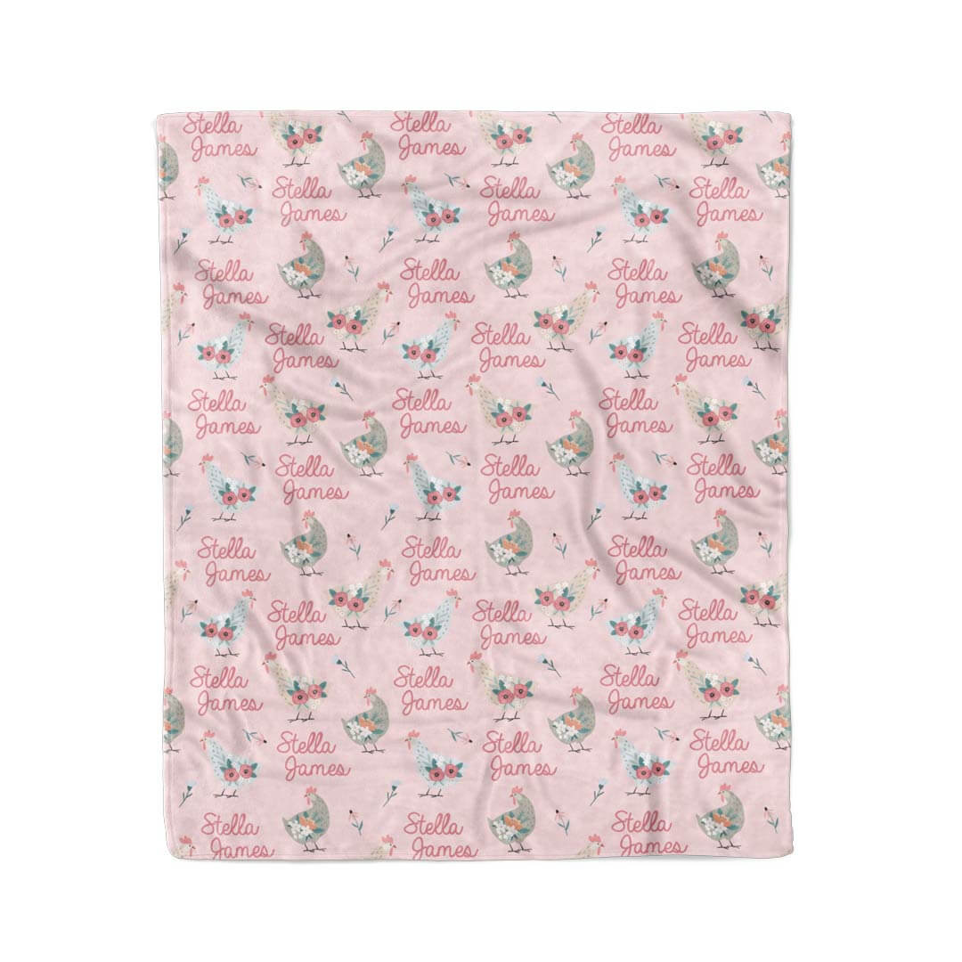 chicken and flowers pink personalized kids blanket