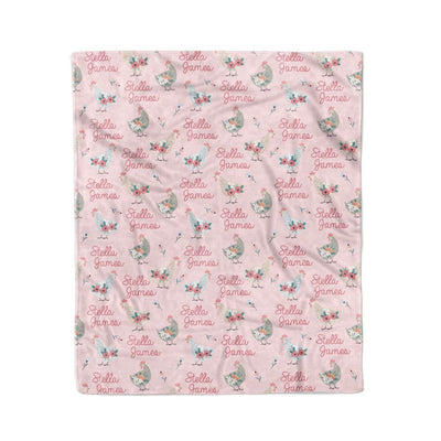 chicken and flowers pink personalized kids blanket