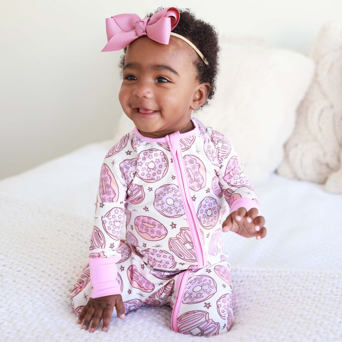 pink donut baby pajama romper with full length zipper 