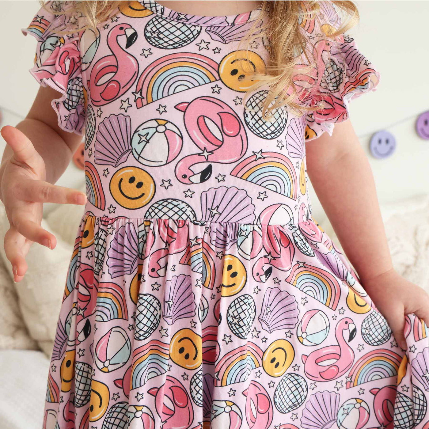 floatie, disco ball, beach ball, shell and smiley face short sleeve dress for girls with pockets 