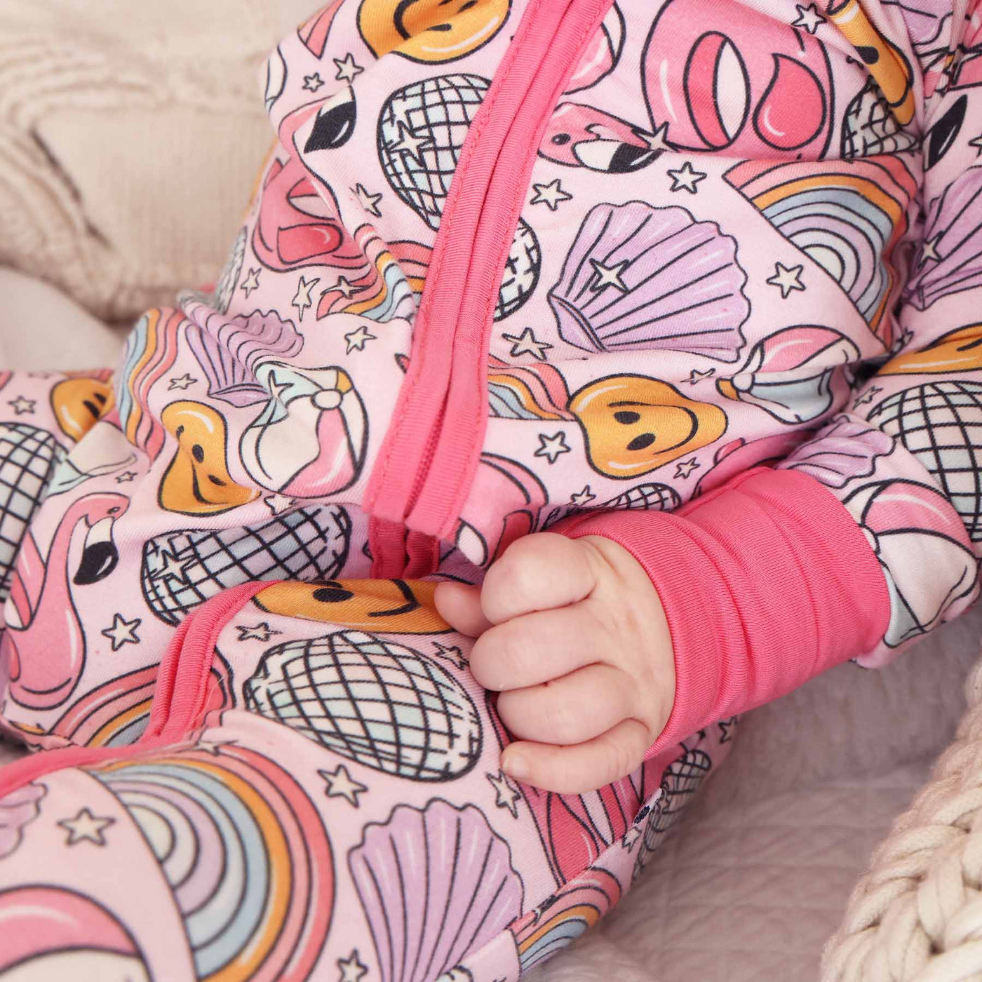 convertible zip romper for babies pink with floaties 