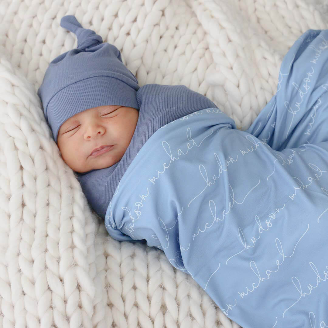 Personalized Powder Blue Baby Name Swaddle Blanket Script