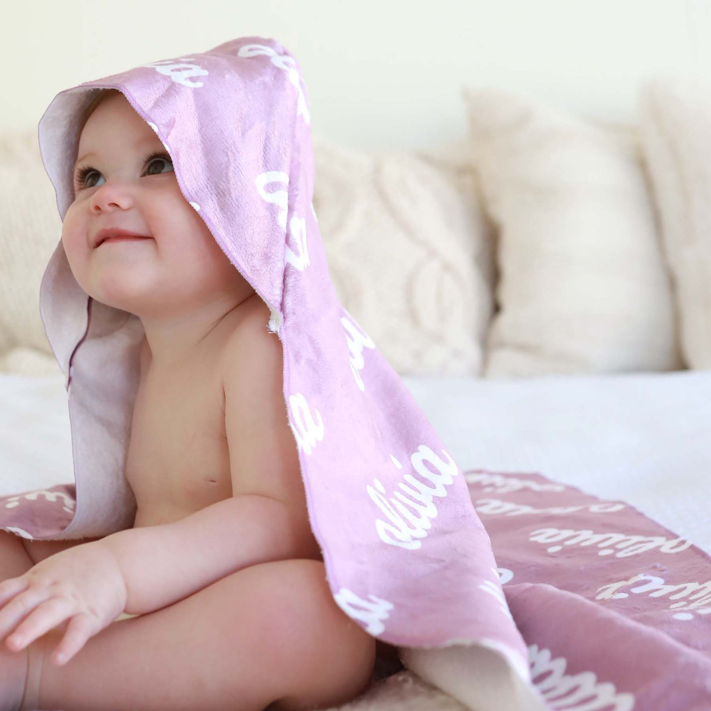 hooded towel for babies light purple personalized with name 