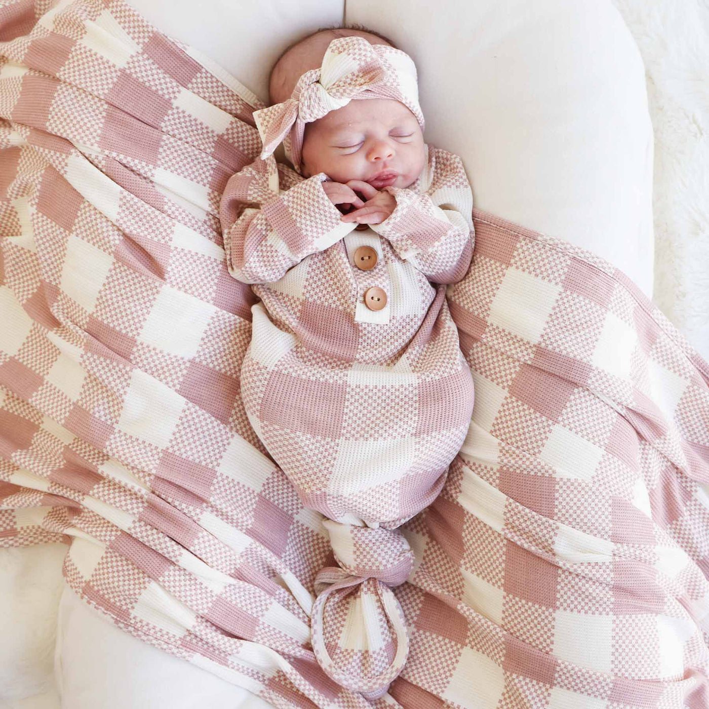 newborn girl knot gown and hat set rosy pink check 