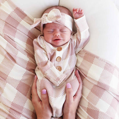 pink and cream check knot gown for babies 