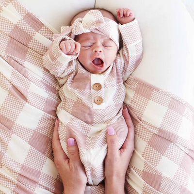 light pink checkered print bamboo waffle newborn knot gown and hat set 
