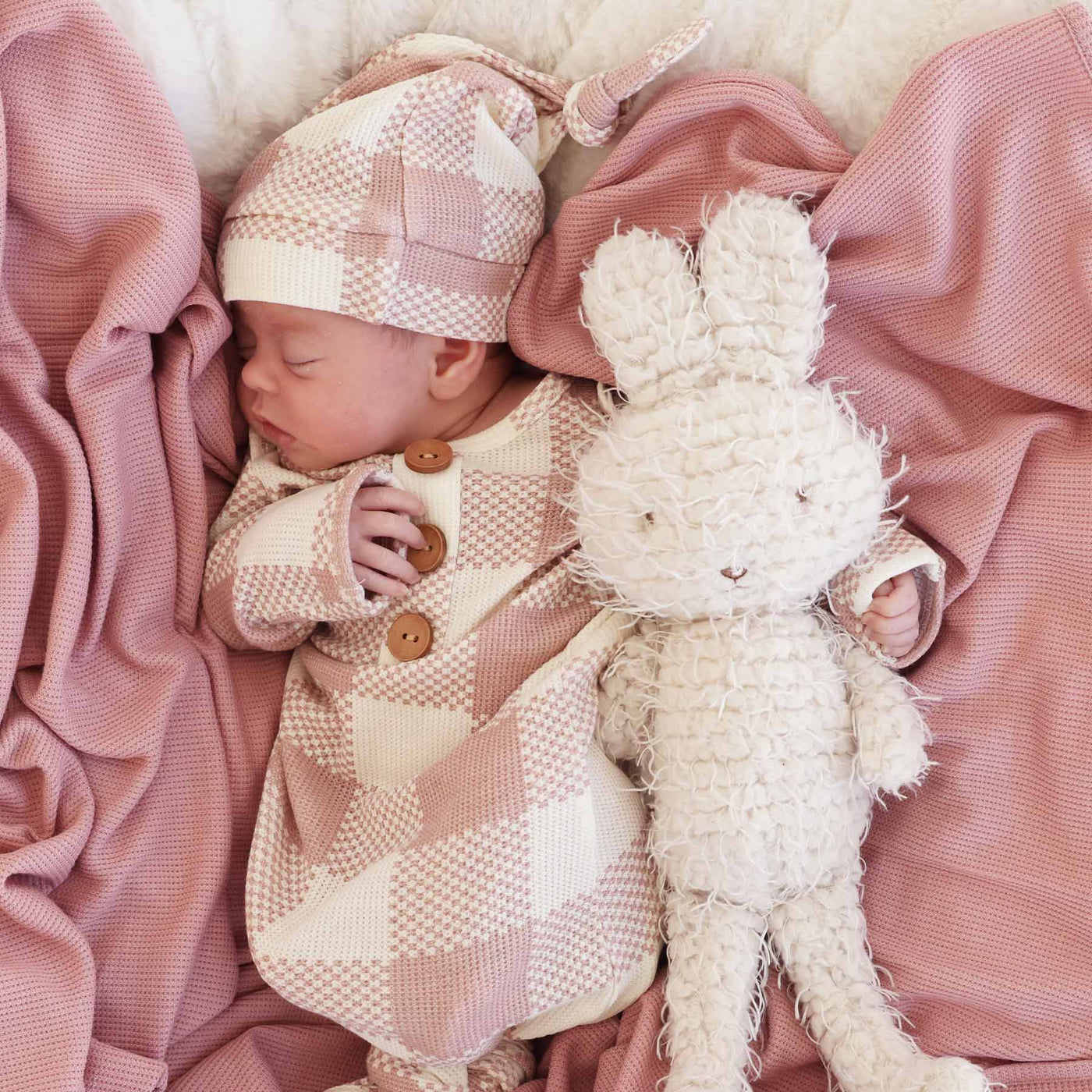 big check waffle bamboo newborn baby knot gown and hat set rosy 