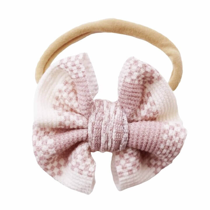 pink check waffle bow headband for babies 