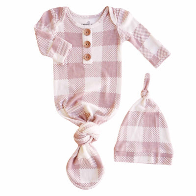 rosy big check waffle bamboo newborn baby knot gown and hat set 