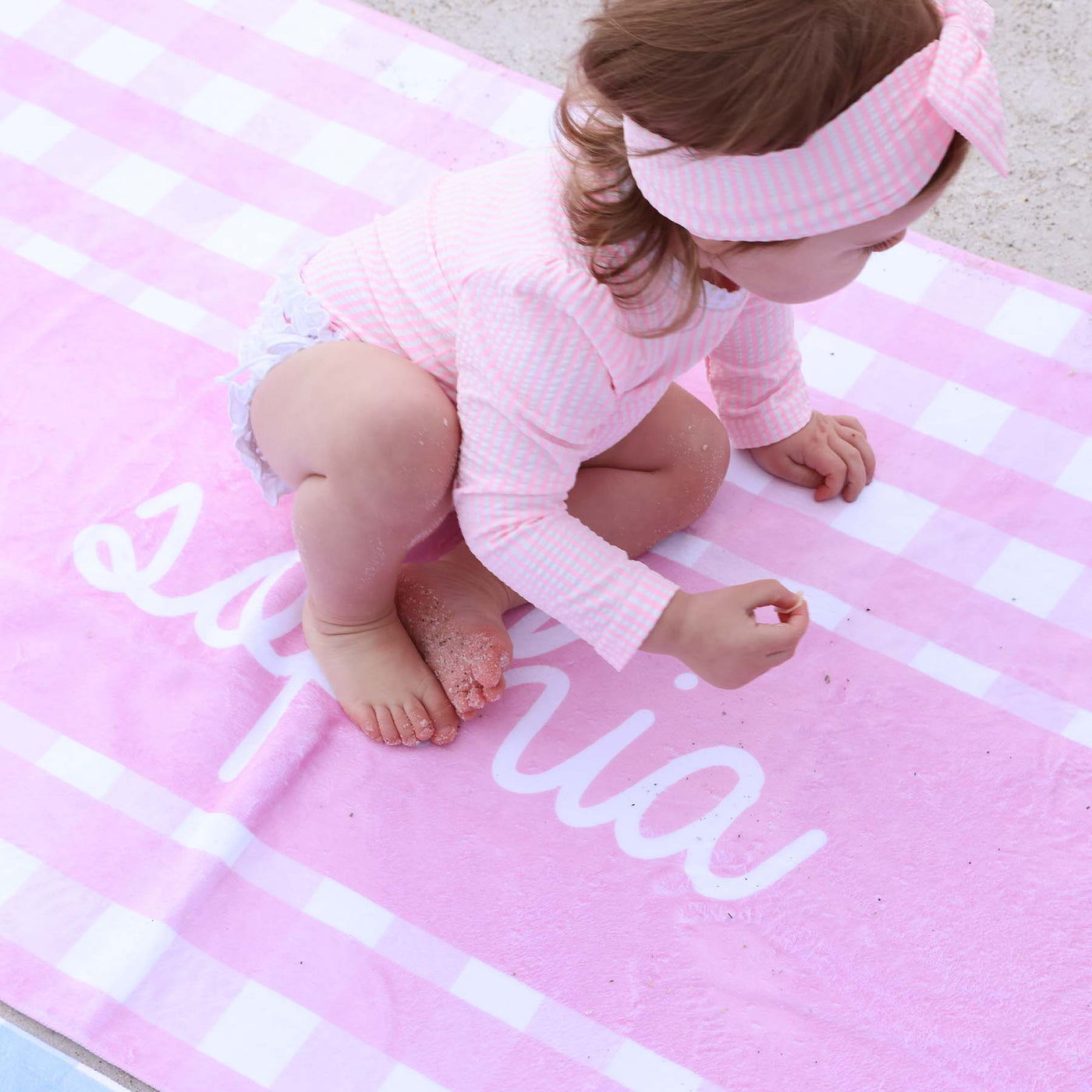 kids personalized beach towel pink seersucker 