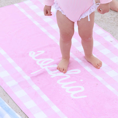pink seersucker personalized kids beach towel
