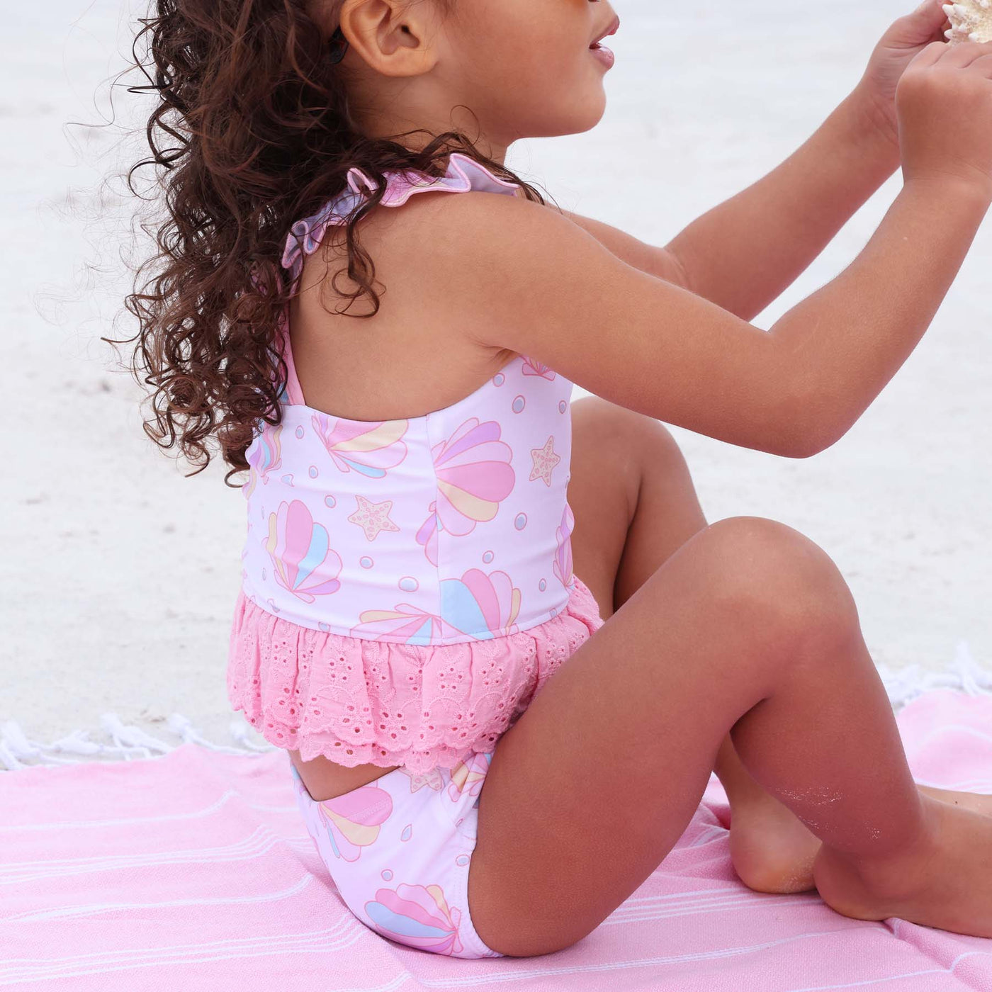 two piece tankini for kids with pink ruffle and seashells 
