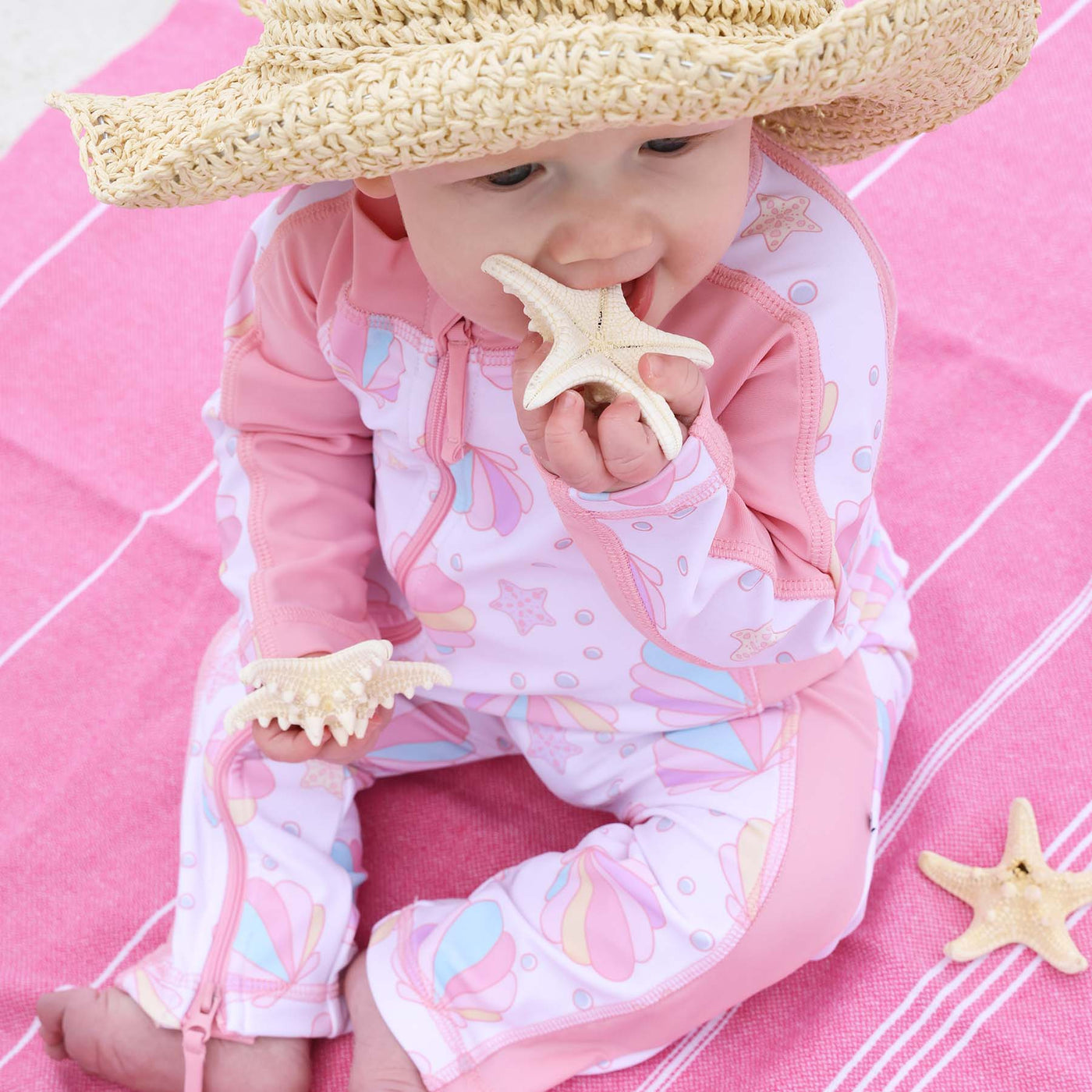 pink seashell romper with long sleeves and pants for babies 