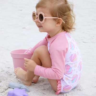 girls rash guard one piece swimsuit with seashells pink 