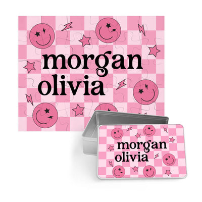 smiley face personalized kids puzzle pink check