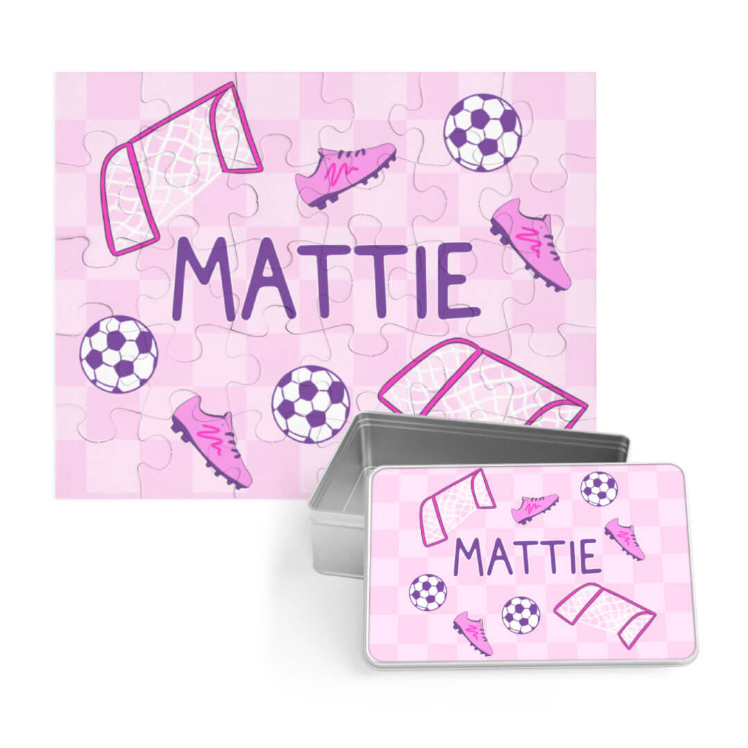 soccer star personalized puzzle with tin pink 