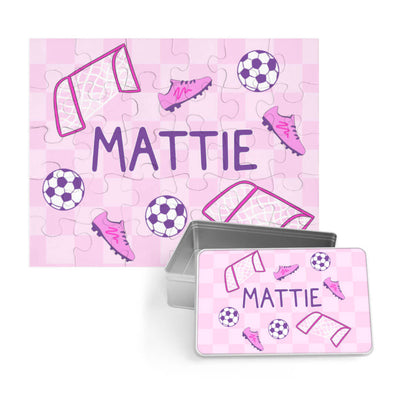 soccer star personalized puzzle with tin pink 