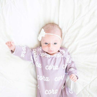 lilac personalized baby knot gown 