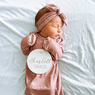 solid mauve personalized newborn knot gown with script font 