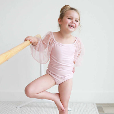 solid mauve leotard for girls with sheer sleeves blush pink 