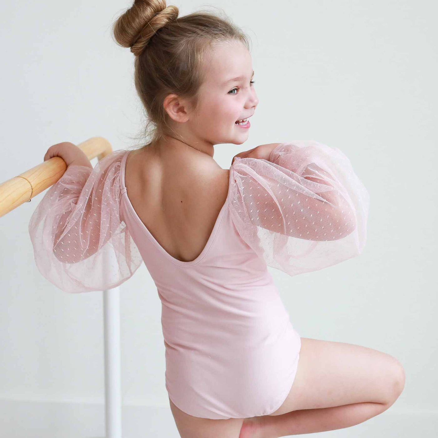 mauve leotard with puffed long sleeves for girls 