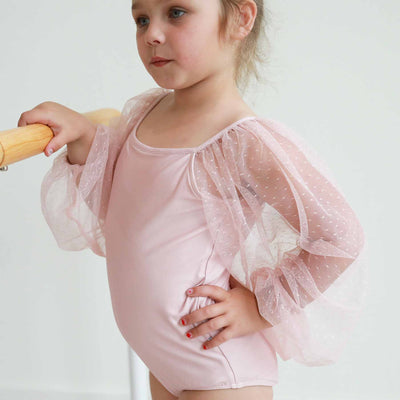 solid mauve leotard for girls with long sleeve tulle sleeves with dots 