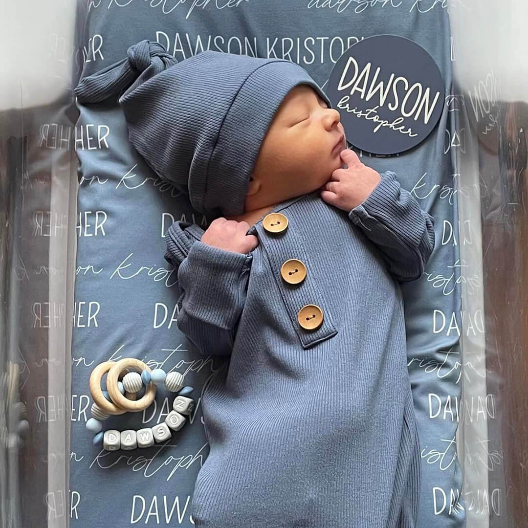 Steel Blue Ribbed Bamboo Baby Knot Gown Hat Caden Lane