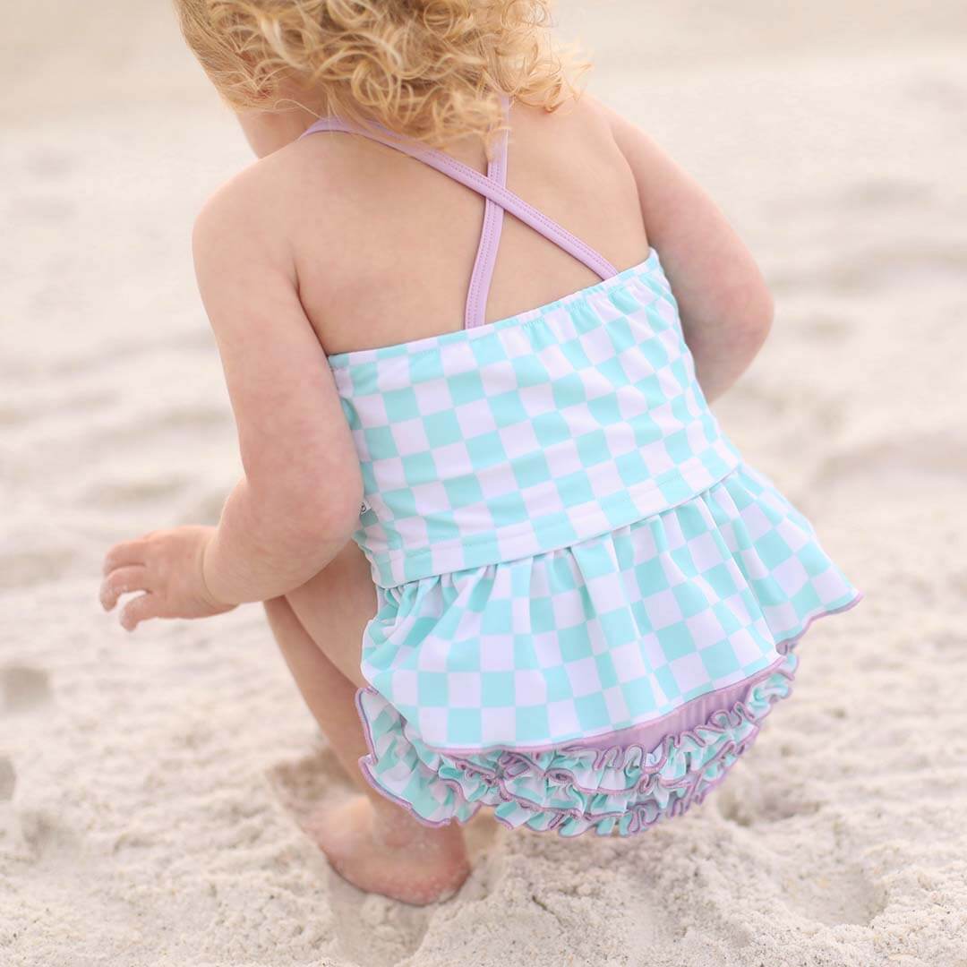 strappy tankini with ruffle bottom blue and purple 