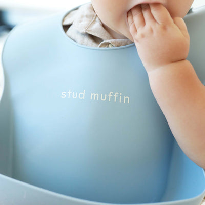 stud muffin blue baby bib made of silicone 