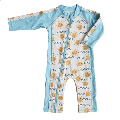 rash guard romper for babies upf 50+ protection with waves and smiley face suns 