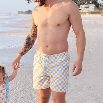swim trunks for dad with blue and yellow check 