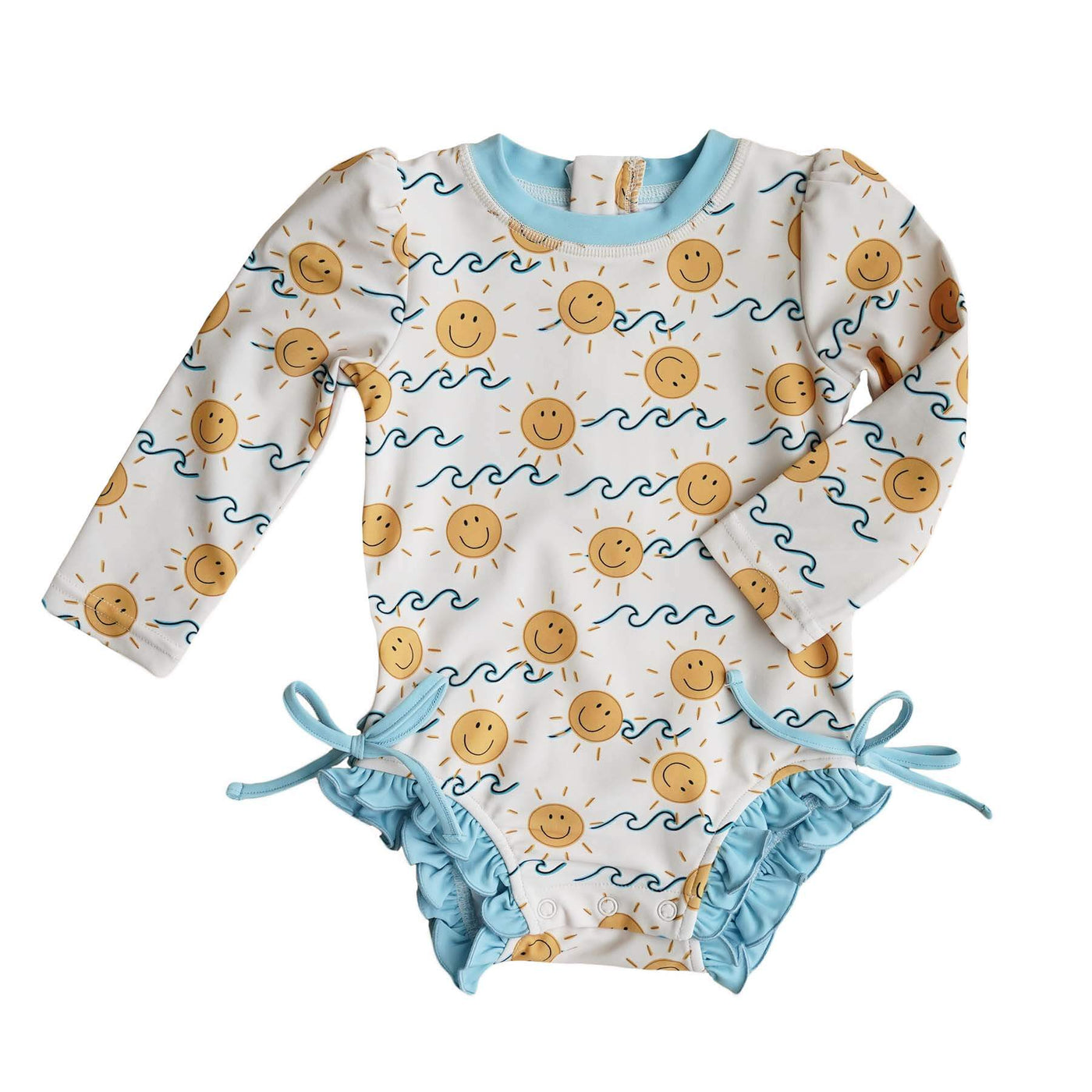 sun's out long sleeve rash guard swimsuit with ruffle bottom with waves and smiley faces