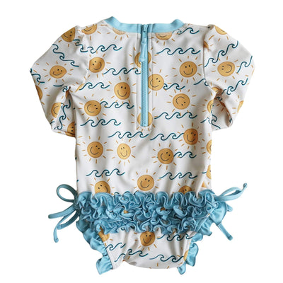 blue ruffle bottom rash guard with smiley face suns baby swimsuit 