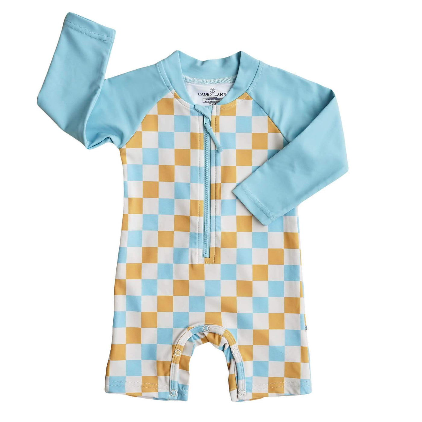 sun's out long sleeve rash guard for babies blue and yellow checkered print 