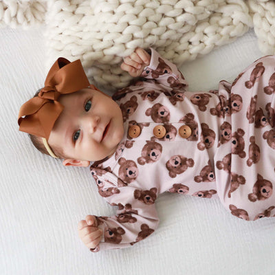tying knot gown and hat set for newborns with bears 