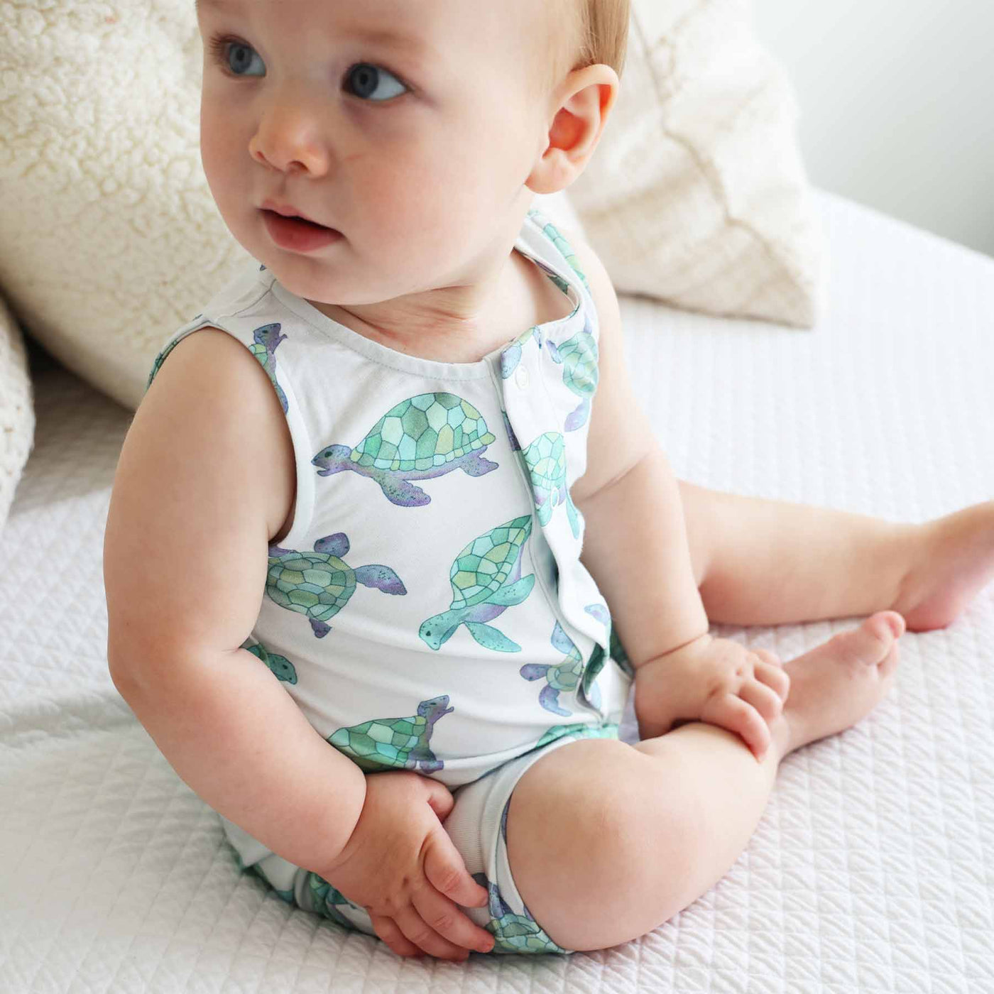 turtle sleeveless snap romper for babies 