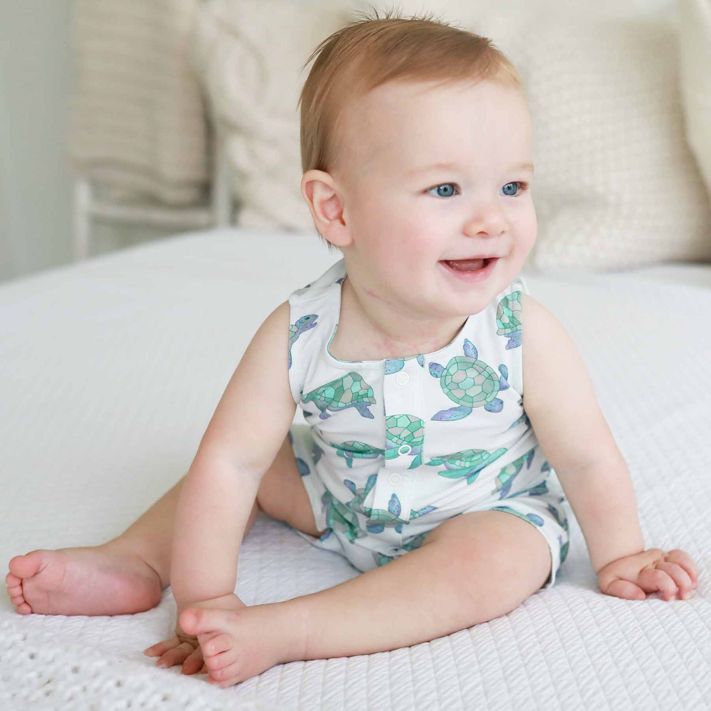 bamboo sleeveless snap romper with turtles 