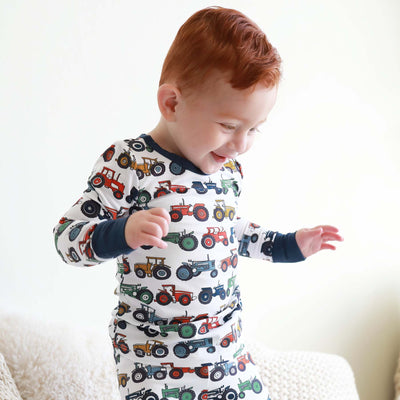 multicolor tractor two piece pajama set for kids 