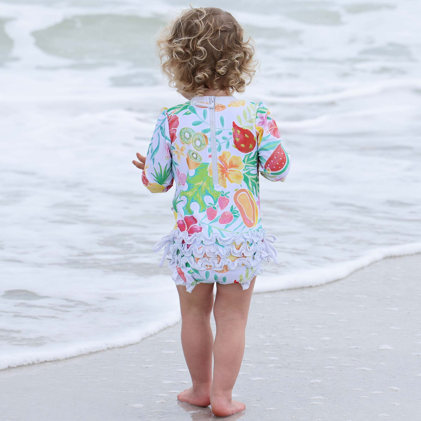 toddler swimsuit with fruit with ruffle on the bottom 