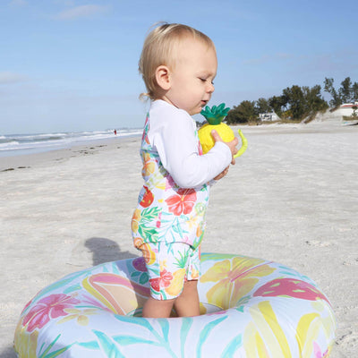 tropical paradise rash guard romper with shorts and fruit 