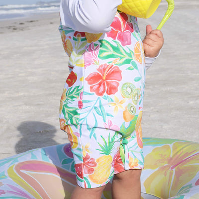 swim romper shortie with long sleeves with fruit and flowers