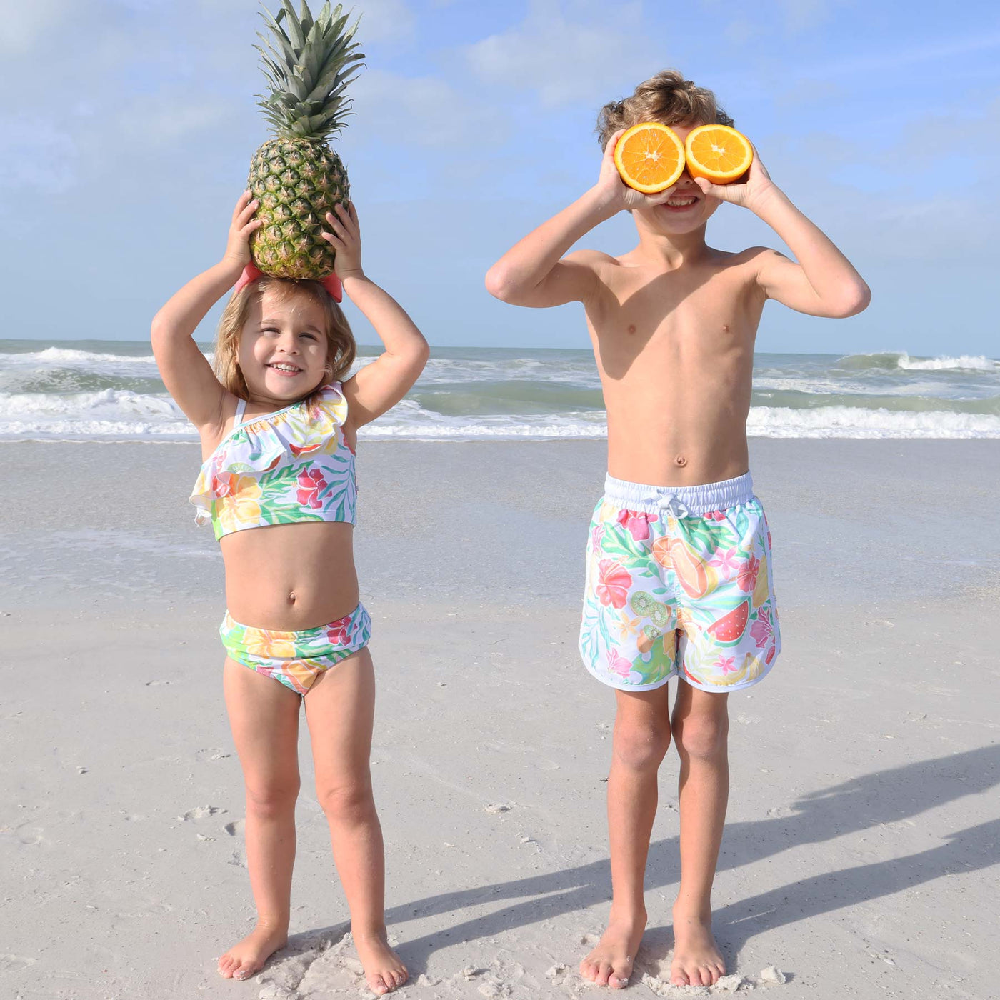 sibling matching swimsuits with fruit one shoulder bikini for kids 