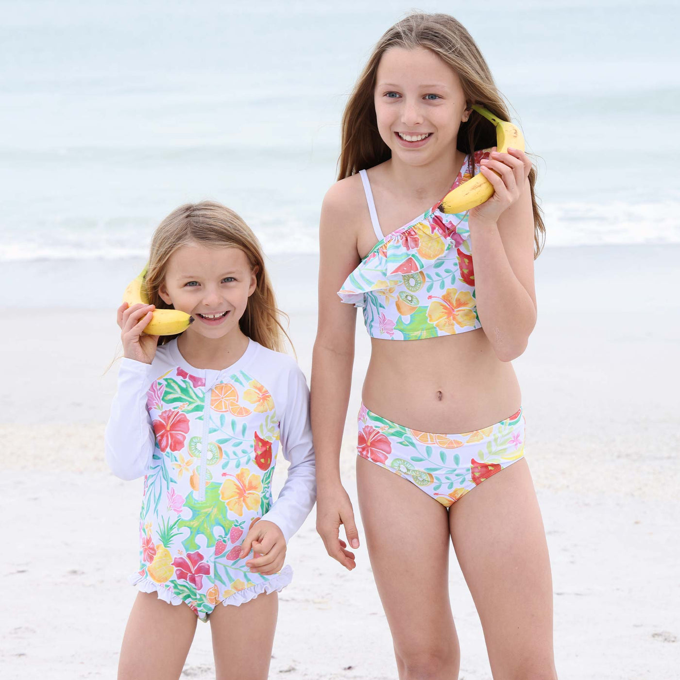 sibling matching swimsuits long sleeve rash guard for girls with fruit 