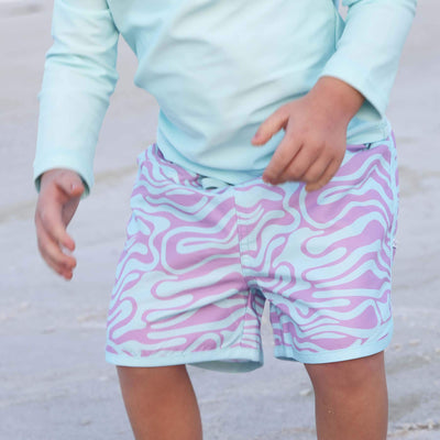 swim trunks for boys purple and blue waves 