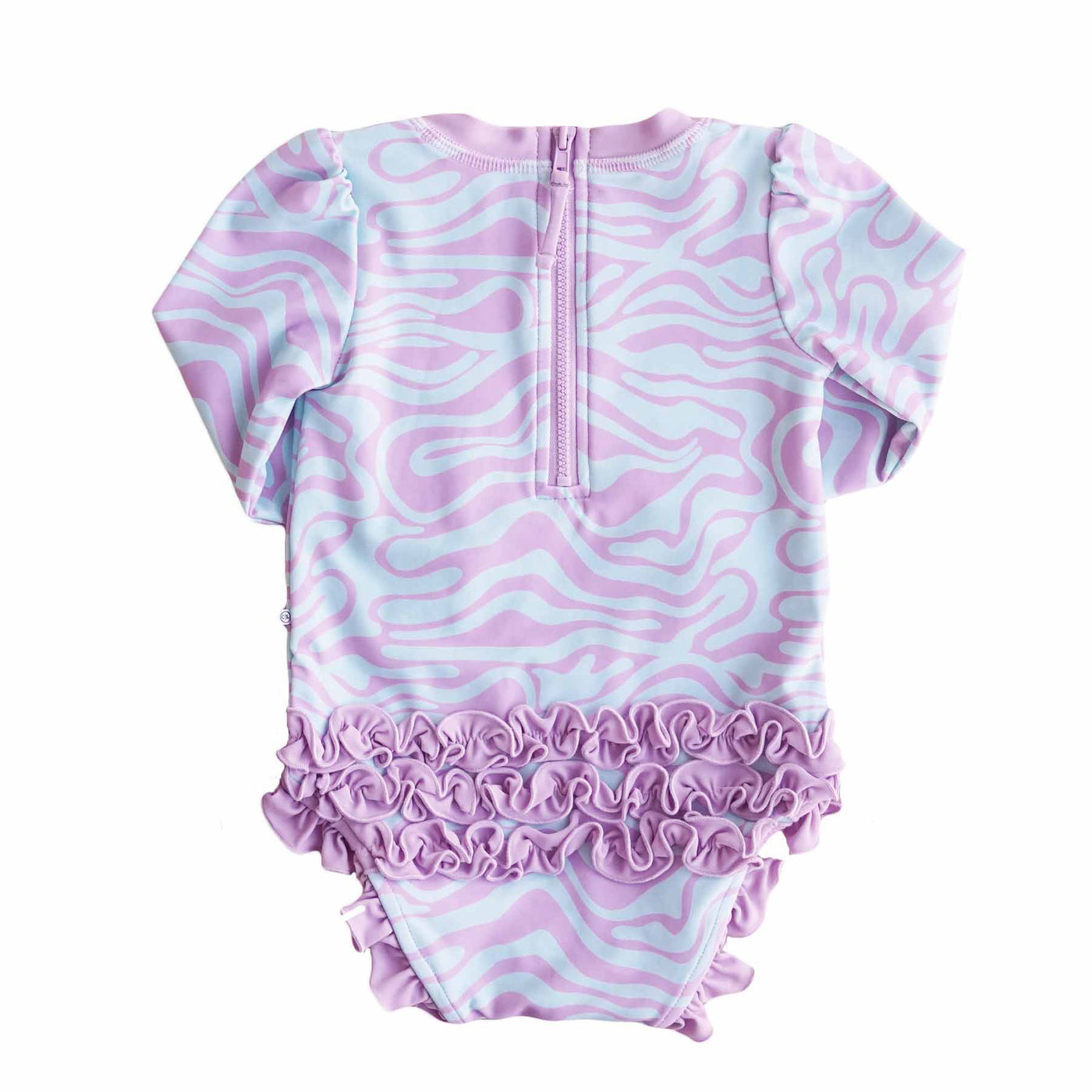 upf 50+ swimsuit for babies with long sleeve and ruffles on the butt blue and purple wavy lines 