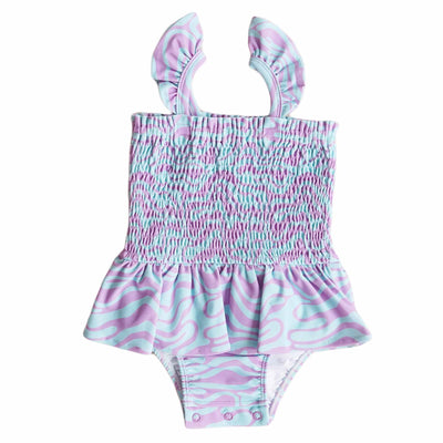 blue and purple smocked one piece swimsuit with skirt wavy days 