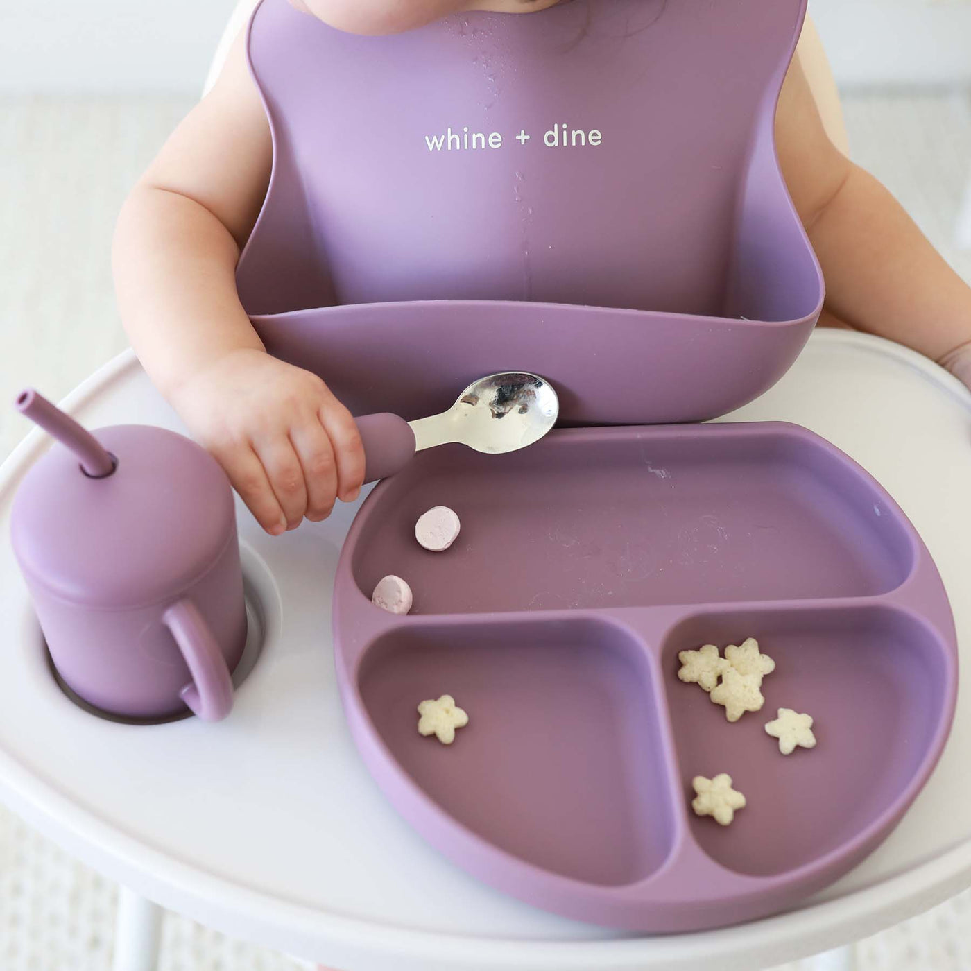 purple silicone baby bib whine + dine 